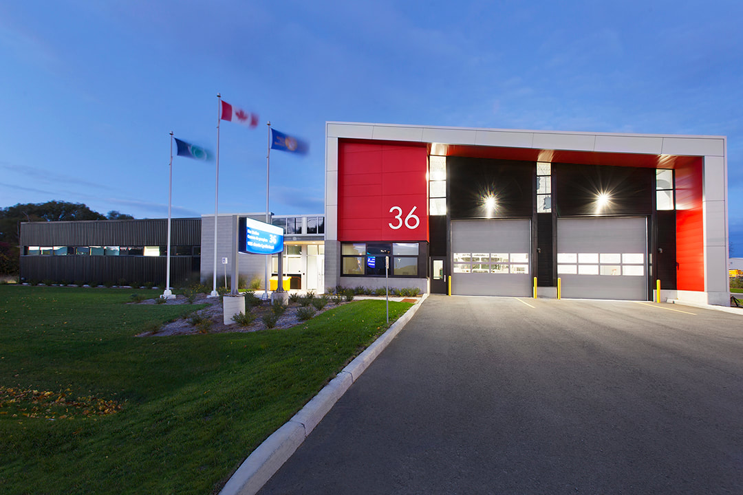 fire station 36 at dusk in ottawa by hobin architecture, krista jahnke photography
