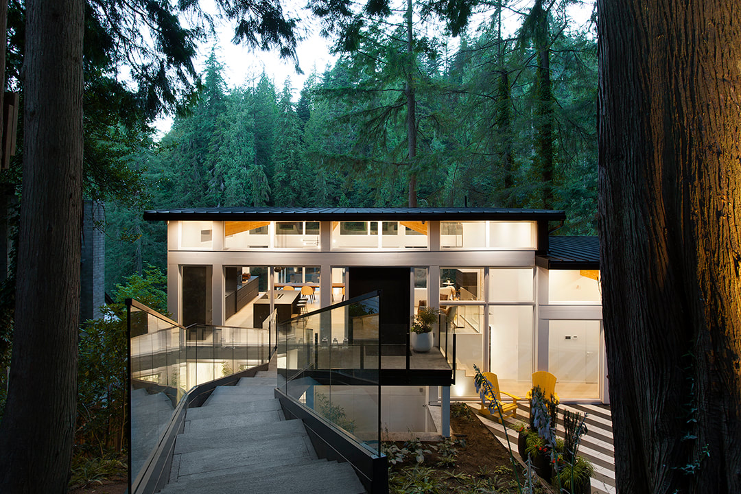 capilano house at dusk in north vancouver by miza architects, krista jahnke photography