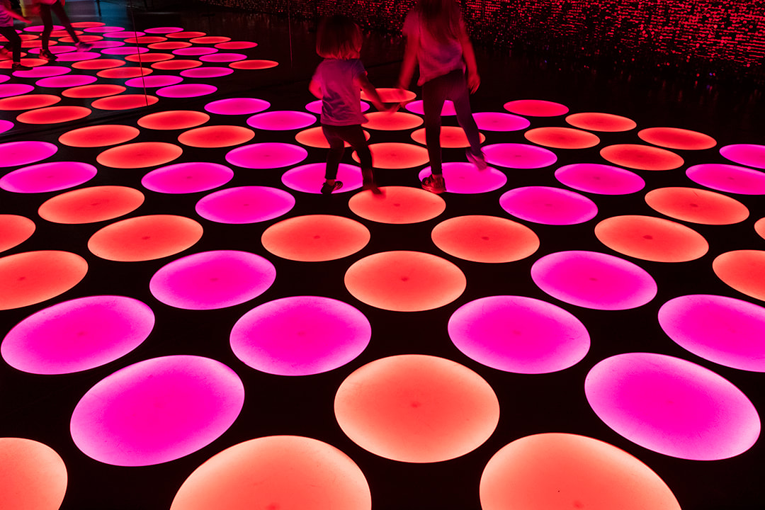 pink led circle lights on the floor of a dark room at the color factory nyc