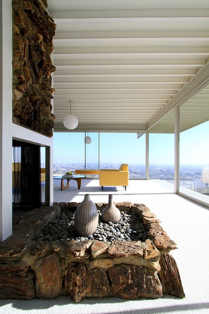 stone fireplace at case study house number 22 in los angeles by architect pierre koenig, krista jahnke photography
