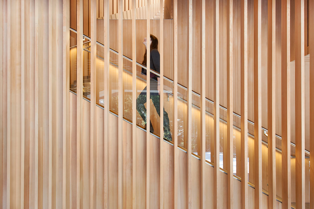 woman walking up stairs behind wood slat screen at the audain art museum in whistler by patkau architects, krista jahnke photography