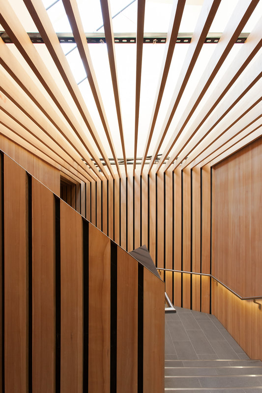 wood design stairwell at the audain art museum in whistler by patkau architects, krista jahnke photography