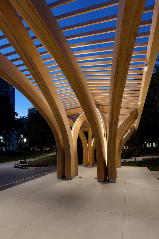 st. james park pavilion lit up at dusk by architecture firm raw design and lighting designer marcel dion in toronto, ontario